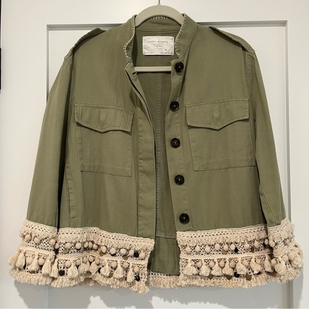 Zara Jacket Olive Green Tassel Coat Fall Bohemian Style Jacket Size M